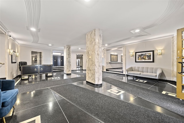 common area with crown molding and recessed lighting