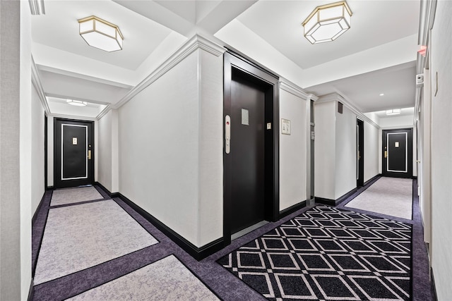 hall featuring carpet floors, baseboards, and elevator
