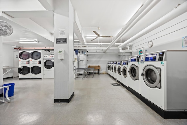 communal laundry room featuring stacked washer / dryer, washing machine and clothes dryer, and a ceiling fan