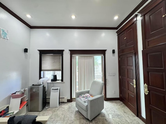 20-44 26th St, Long Island City, NY 11105 - home office with crown molding, baseboards, baseboard heating, and recessed lighting