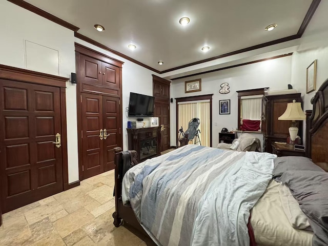 20-44 26th St, Long Island City, NY 11105 - bedroom featuring ornamental molding, stone tile flooring, and recessed lighting