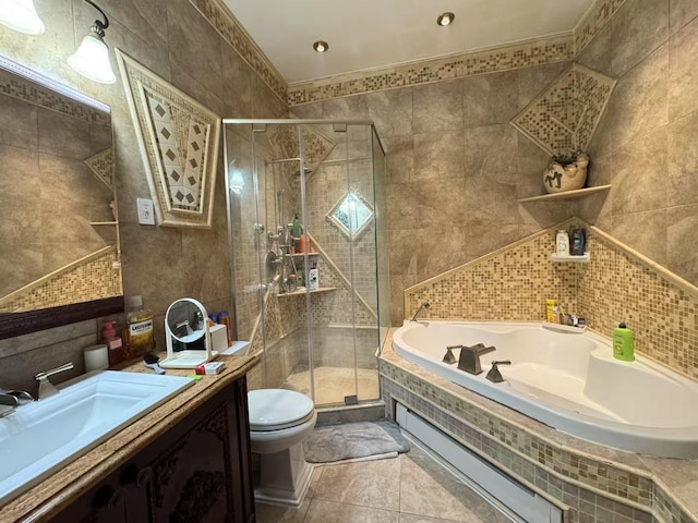 20-44 26th St, Long Island City, NY 11105 - bathroom with tile walls, a bath, toilet, a shower stall, and vanity