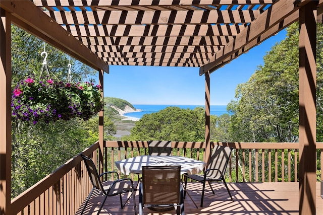 3 Summit Dr, Baiting Hollow, NY 11933 - deck with outdoor dining area, a pergola, and a water view