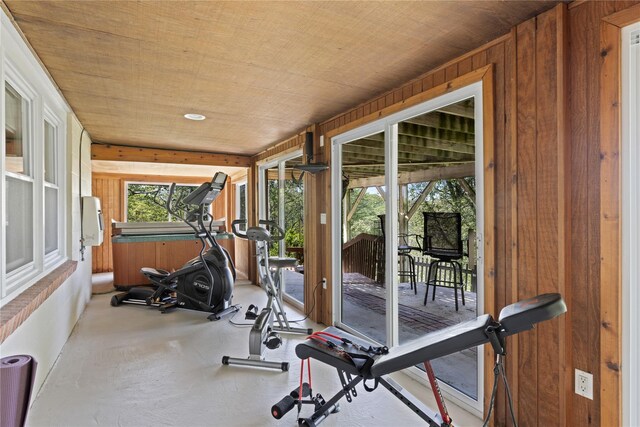 3 Summit Dr, Baiting Hollow, NY 11933 - workout area featuring wood walls, wooden ceiling, and healthy amount of natural light