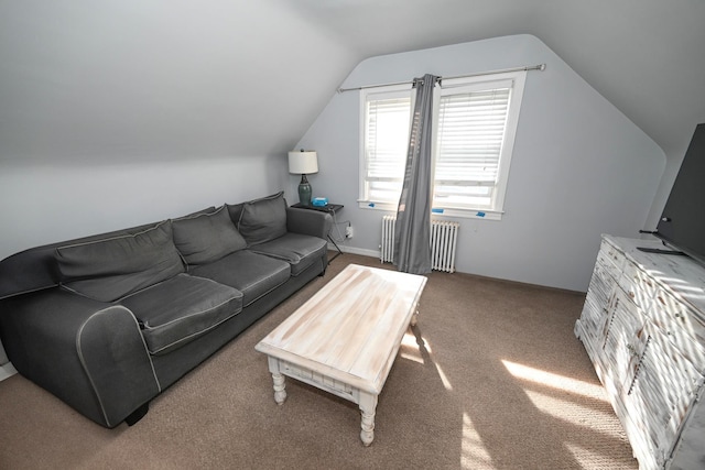 living room with radiator, vaulted ceiling, and carpet floors