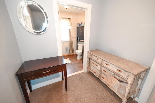 hallway featuring radiator heating unit and carpet floors