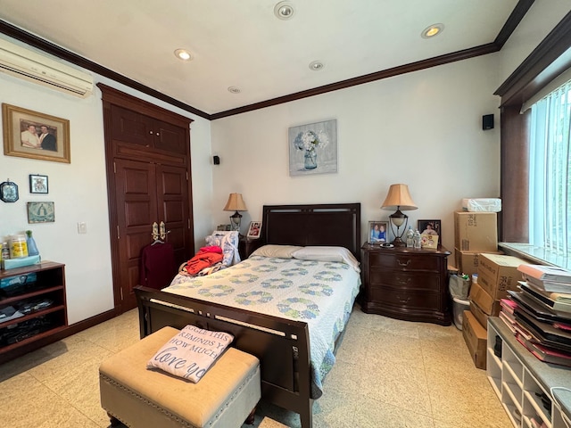 20-42 26th St, Astoria, NY 11105 - bedroom featuring a wall mounted air conditioner, ornamental molding, recessed lighting, and baseboards