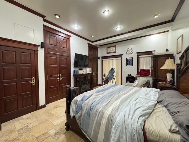 20-42 26th St, Astoria, NY 11105 - bedroom featuring ornamental molding, stone tile flooring, recessed lighting, and a fireplace