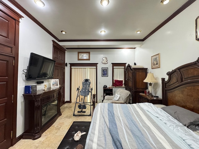 20-42 26th St, Astoria, NY 11105 - bedroom with ornamental molding, recessed lighting, baseboards, and a glass covered fireplace