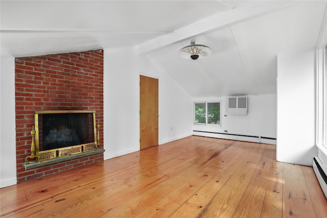 14 Lounsbury Rd, Croton-On-Hudson, NY 10520 - unfurnished living room with baseboard heating, a wall mounted AC, wood-type flooring, and a brick fireplace