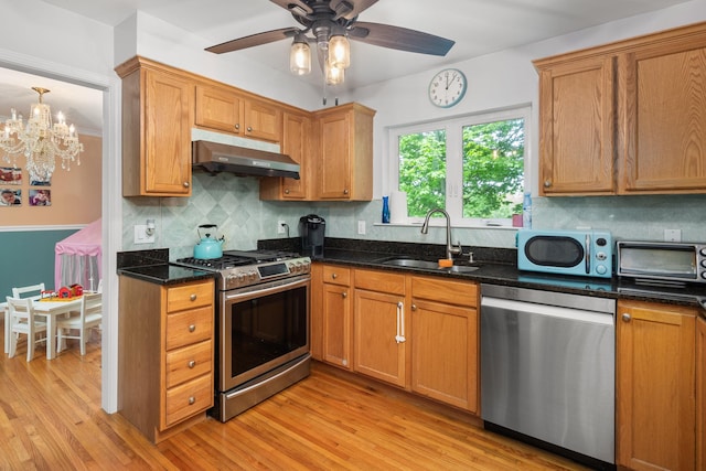 11C Piping Rock Dr, Ossining, NY 10562 - kitchen featuring stainless steel appliances, under cabinet range hood, a sink, decorative backsplash, and ceiling fan