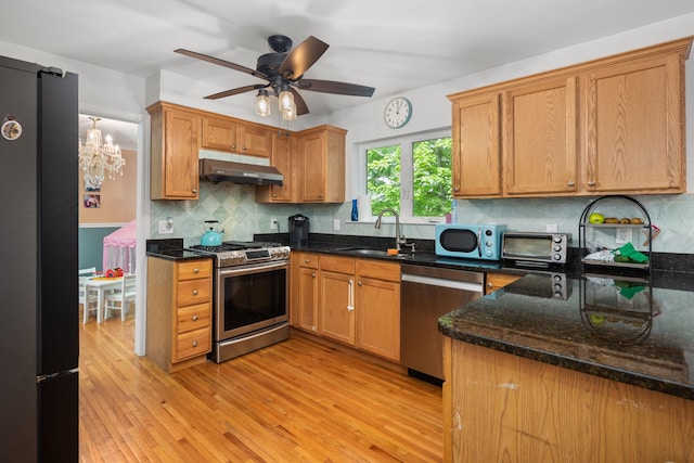 11C Piping Rock Dr, Ossining, NY 10562 - kitchen with stainless steel appliances, a sink, under cabinet range hood, decorative backsplash, and light wood-style floors