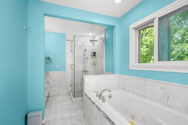 11C Piping Rock Dr, Ossining, NY 10562 - full bath featuring marble finish flooring, a shower stall, a whirlpool tub, and recessed lighting