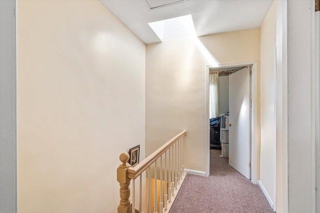 477 Berriman St, Brooklyn, NY 11208 - corridor featuring an upstairs landing, a skylight, light carpet, and baseboards