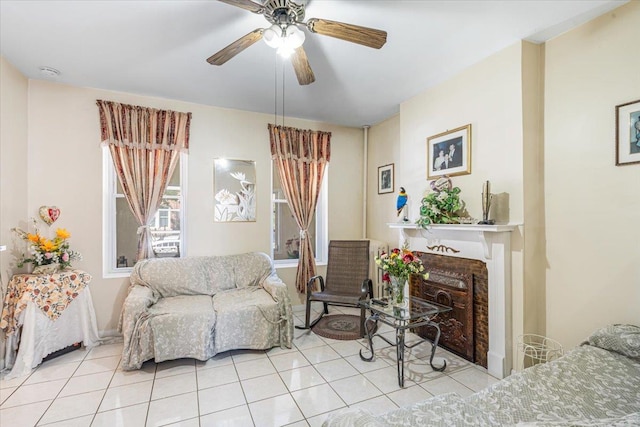 477 Berriman St, Brooklyn, NY 11208 - living area featuring light tile patterned floors and a ceiling fan