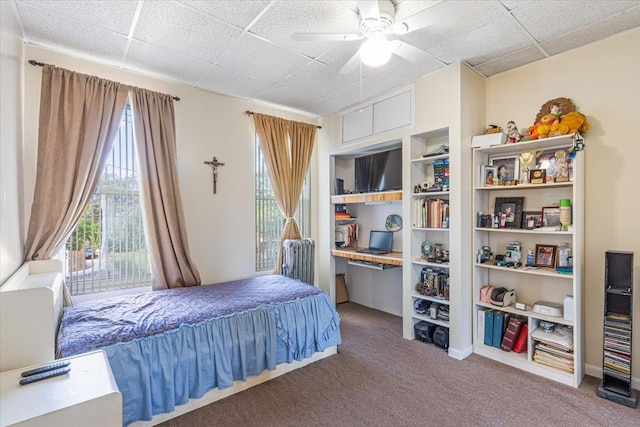 477 Berriman St, Brooklyn, NY 11208 - bedroom with radiator heating unit, carpet, a paneled ceiling, and ceiling fan