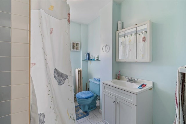 477 Berriman St, Brooklyn, NY 11208 - bathroom with vanity, radiator, tile patterned floors, toilet, and curtained shower