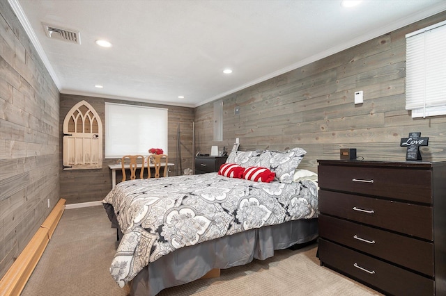 251 N Idaho Ave, Massapequa, NY 11758 - bedroom with wooden walls, ornamental molding, recessed lighting, and carpet