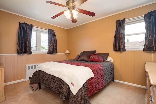 251 N Idaho Ave, Massapequa, NY 11758 - bedroom featuring radiator heating unit, light colored carpet, ornamental molding, and a ceiling fan