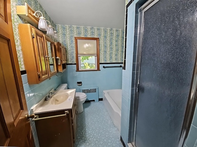 233 Peaceable Hill Rd, Brewster, NY 10509 - full bathroom with radiator, toilet, a shower stall, vanity, and wallpapered walls