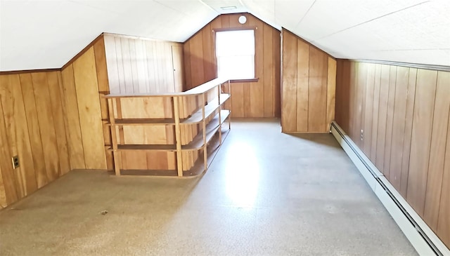 233 Peaceable Hill Rd, Brewster, NY 10509 - additional living space featuring a baseboard radiator, wooden walls, and lofted ceiling