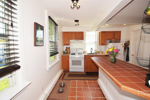 kitchen with white appliances, under cabinet range hood, tile counters, a sink, and plenty of natural light
