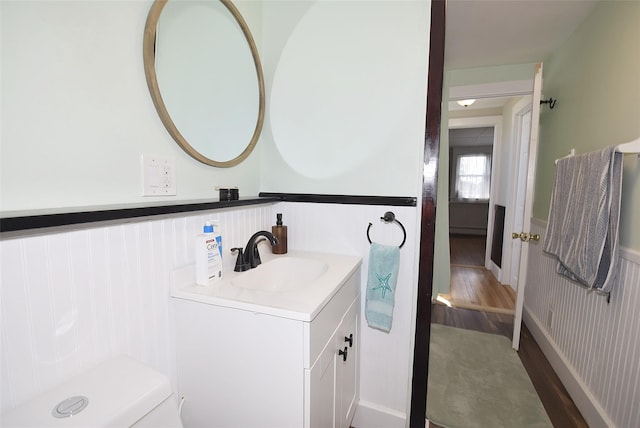 bathroom featuring wood finished floors, wainscoting, and vanity