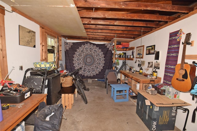 basement with a workshop area