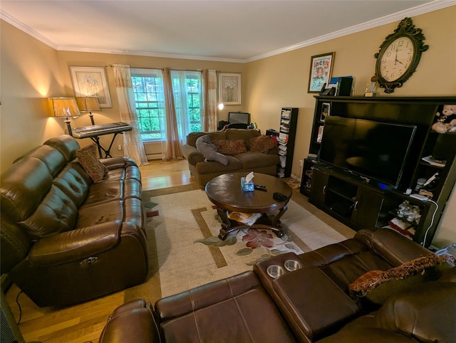 living room with ornamental molding and wood finished floors