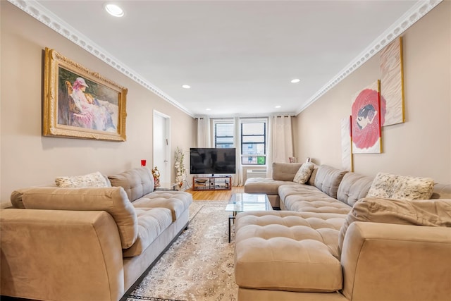 100-25 Queens Blvd Unit 6E, Forest Hills, NY 11375 - living area featuring light wood-style floors, crown molding, and recessed lighting