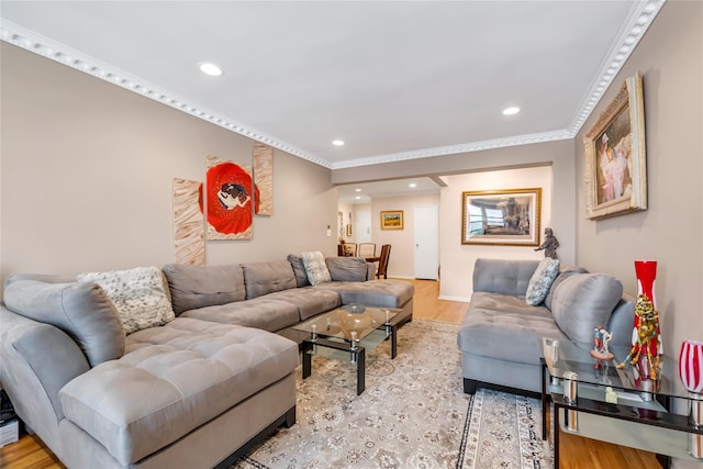 100-25 Queens Blvd Unit 6E, Forest Hills, NY 11375 - living area featuring light wood-style flooring, recessed lighting, crown molding, and baseboards