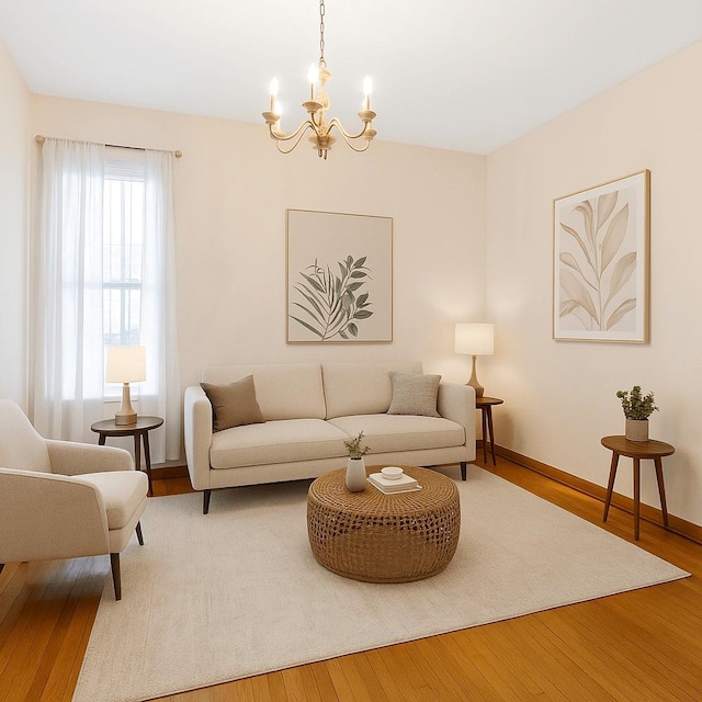 living room with a chandelier, wood finished floors, and baseboards