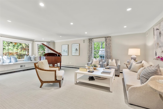 living room with crown molding, baseboard heating, recessed lighting, and light carpet