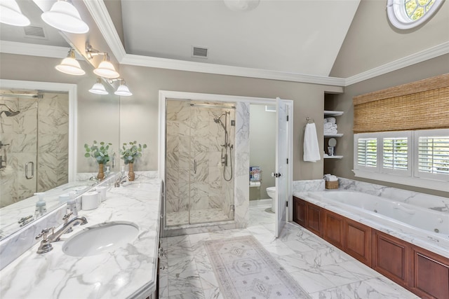 full bathroom featuring a marble finish shower, a tub with jets, toilet, double vanity, and lofted ceiling