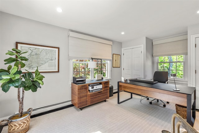 home office featuring baseboard heating, light colored carpet, and recessed lighting