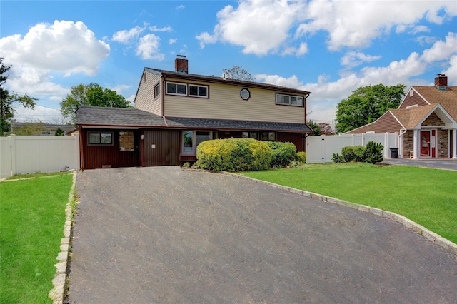 view of front of house featuring a chimney, driveway, and a gate