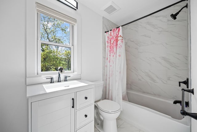 128 Priscilla Ave, Flanders, NY 11901 - full bathroom featuring marble finish flooring, toilet, shower / bath combination with curtain, and vanity
