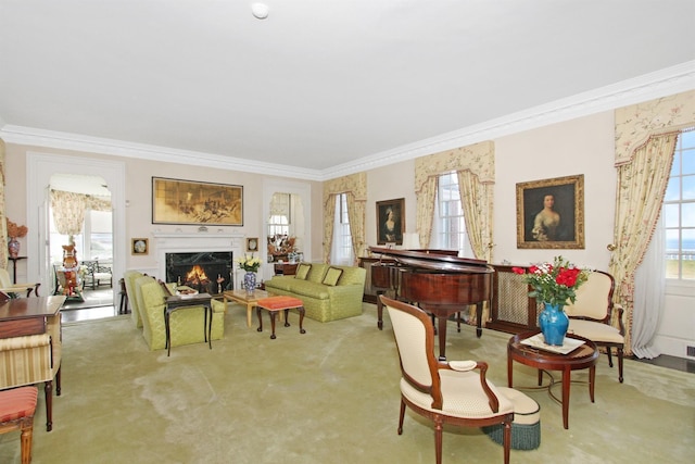 2 Wallis Ln, Nissequogue, NY 11780 - sitting room with crown molding, carpet flooring, and a fireplace