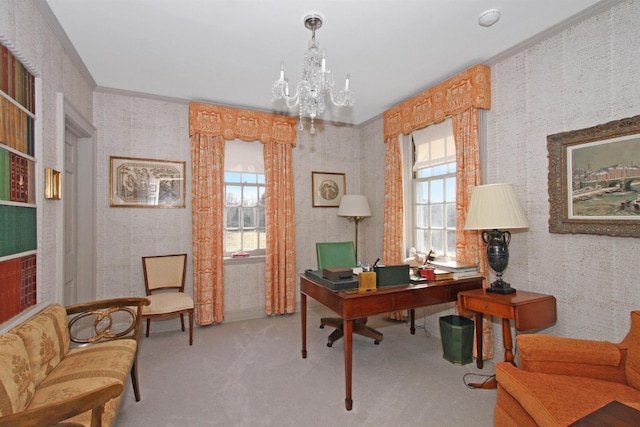 2 Wallis Ln, Nissequogue, NY 11780 - carpeted office space with a chandelier and wallpapered walls