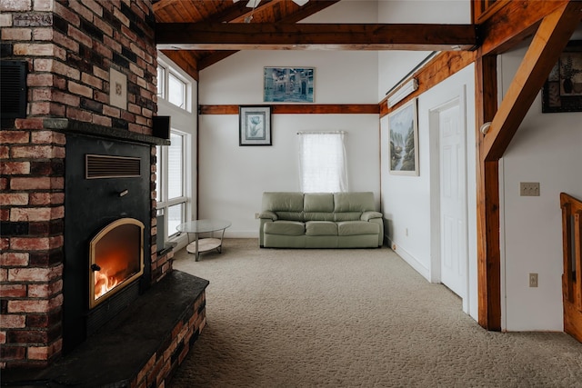 26 Beckys Hill Rd, Hurleyville, NY 12747 - living area with a brick fireplace, carpet floors, and wooden ceiling