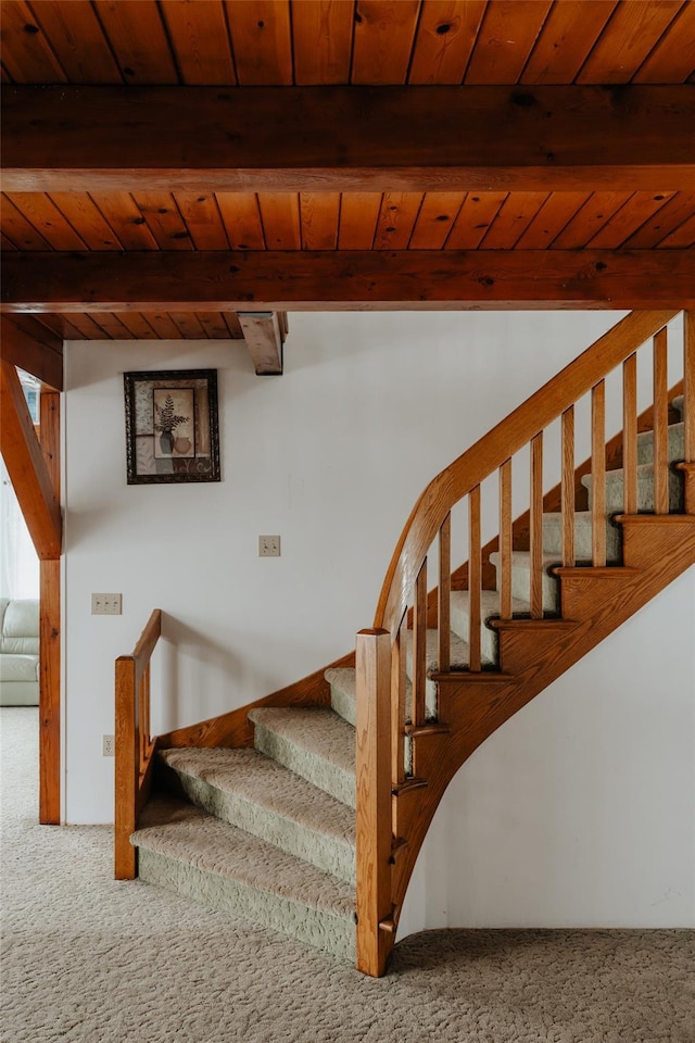 26 Beckys Hill Rd, Hurleyville, NY 12747 - stairs featuring carpet floors, beamed ceiling, and wood ceiling