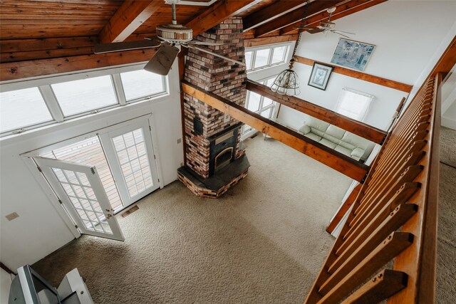 26 Beckys Hill Rd, Hurleyville, NY 12747 - living area featuring carpet flooring, ceiling fan, and a high ceiling