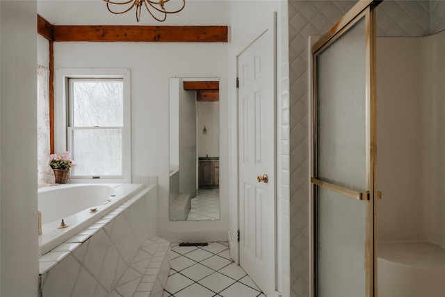 26 Beckys Hill Rd, Hurleyville, NY 12747 - full bath with tile patterned floors, a bath, a shower stall, and a chandelier