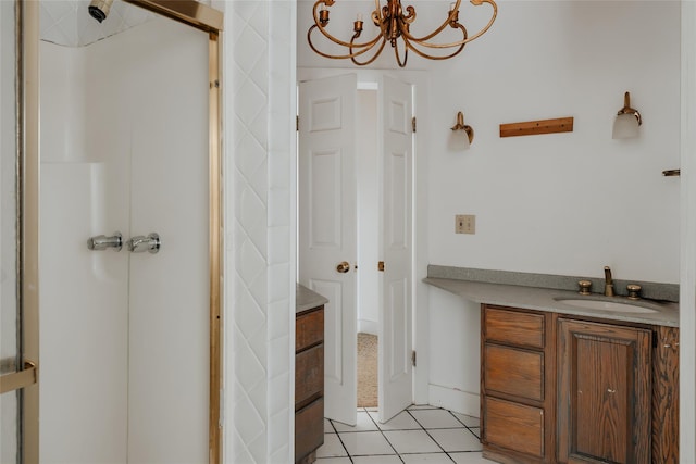 26 Beckys Hill Rd, Hurleyville, NY 12747 - full bath with vanity, a shower stall, a chandelier, and tile patterned flooring