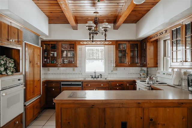 26 Beckys Hill Rd, Hurleyville, NY 12747 - kitchen with white appliances, a sink, wood ceiling, a chandelier, and light countertops