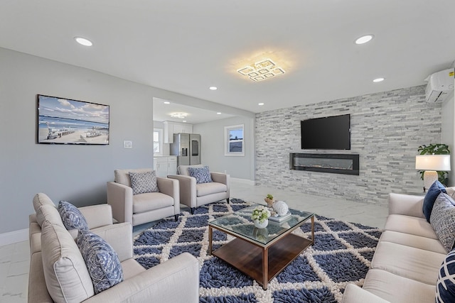 52 State St, Valley Stream, NY 11580 - living area featuring a wall mounted AC, recessed lighting, marble finish flooring, a large fireplace, and baseboards