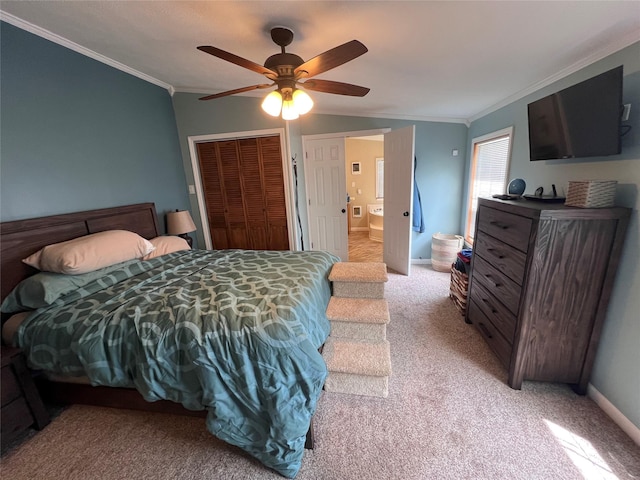 265 Old Tacy Rd Unit Tr95, Swan Lake, NY 12783 - bedroom featuring ornamental molding, light carpet, ceiling fan, a closet, and baseboards