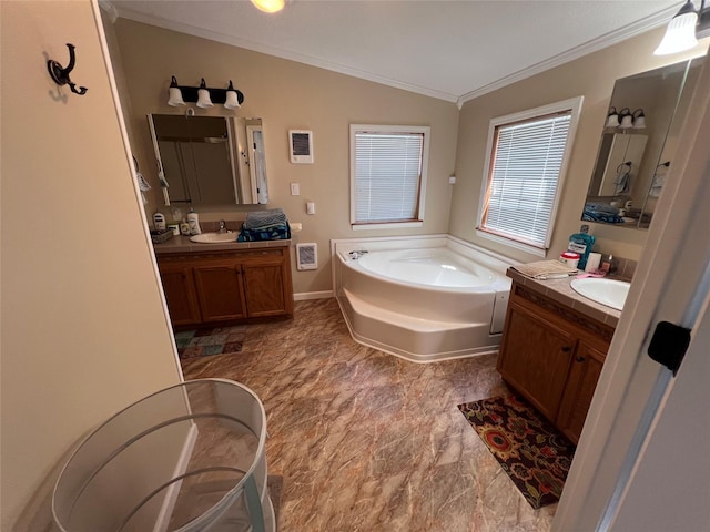 265 Old Tacy Rd Unit Tr95, Swan Lake, NY 12783 - full bath featuring crown molding, marble finish flooring, two vanities, a bath, and vaulted ceiling