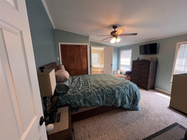 265 Old Tacy Rd Unit Tr95, Swan Lake, NY 12783 - bedroom with crown molding, carpet floors, vaulted ceiling, ceiling fan, and baseboards