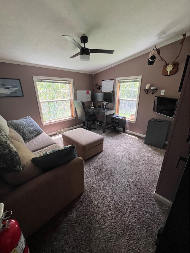 265 Old Tacy Rd Unit Tr95, Swan Lake, NY 12783 - living room with a ceiling fan, carpet flooring, lofted ceiling, crown molding, and a desk